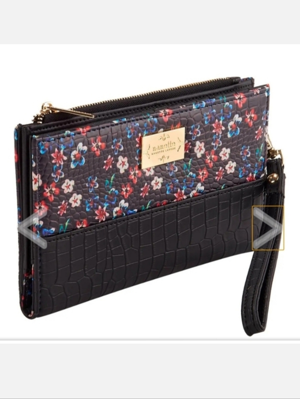 Nanette Lepore Black Wristlet Foldover RFID Snap Wallet Floral Croc NWT